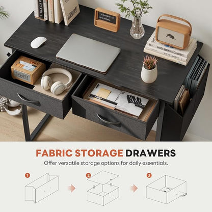 DUMOS 32" Home Office Computer Desk with Drawers, Small Gaming Writing Study Table with Storage Side Bag, Headphone Hook and Adjustable Feet for Bedroom Black | Home Office Desk for Bedroom, Gaming Writing Study Desk with Adjustable Feet