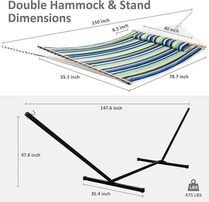 SUNCREAT Hammock with Stand 2 Person Heavy Duty, Freestanding Hammock with Spreader Bar, Soft Pillow, Green Stripes