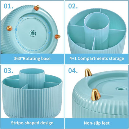 Marbrasse Desk Organizer, 360-Degree Rotating Pen Holder, Desk Organizers and Accessories with 5 Compartments Pencil Holder, Art Supply Storage Box Caddy for Office, Home（Light Blue）