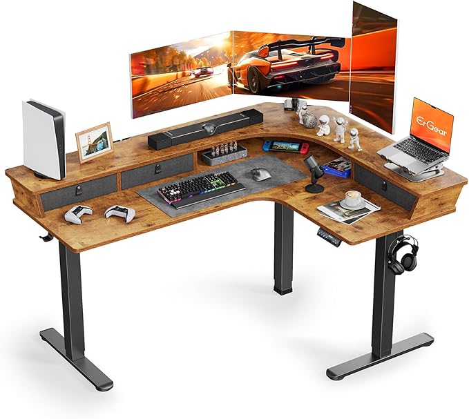 ErGear 65″ L Shaped Standing Desk for Gaming, [3 Drawers & 2 Cable Management Trays] Corner Stand up Desk w/Monitor Shelf Height Adjustable for Home Office, Vintage Brown
