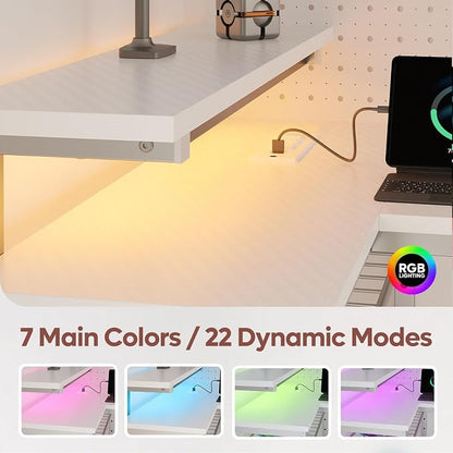Bestier 42-Inch L-Shaped Computer Desk with Charging & LED, White | Charging 2AC+USB+Type-C, RGB LED 7 Colors/22 Modes, Reversible Storage Shelves, Headphone Hook, Small Space, 42x31.5 in