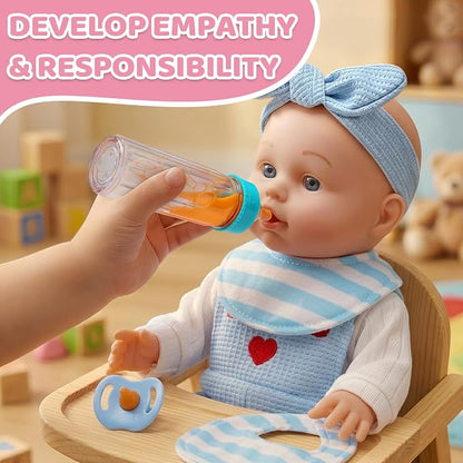 Uzoxlsn 15 Pcs Baby Doll Accessories with 12" Doll, Cotton Carrier Bassinet, Bedding, Feeding & Caring Set, Magic Bottle, Pacifier, Diaper, Blanket, Pretend Play Game Gift for Girls Age 3+ Toddler