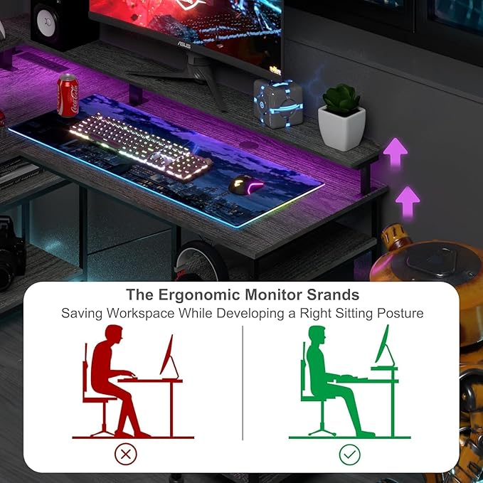 55 inch Gaming Desk with LED Lights, Computer Desk with Power Outlets, Monitor Stand, Storage Shelf, Headphone Hook, Home Office Desk Corner Desk