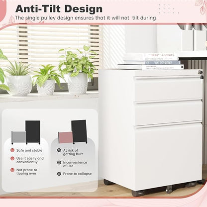 Superday White 3 Drawer Mobile Locking File Cabinet, Metal Rolling Vertical Filing Cabinet with Drawers, Small Under Desk File Cabinets for Office and Home, Fully Assemble