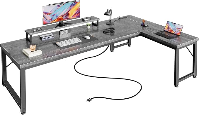 PRAISUN 61" L Shaped Computer Desk, Power Outlets, Monitor Stand, Grey | USB-C Ports, Reversible Charging Station, Spacious Desktop & Legroom, 0.94 Inch Thick Desktop, for Gaming, Study & Work