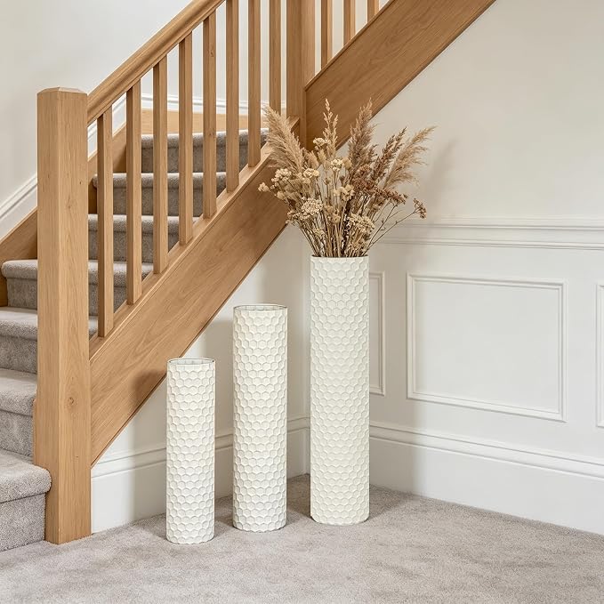 White Tall Floor Vase - Set of 3 Large Metal Decorative Vases for Living Room, 27.6in Long Modern Minimalist Big Cylinder Standing Rustic Boho Corner Decor for Farmhouse Entryway Pampas Grass
