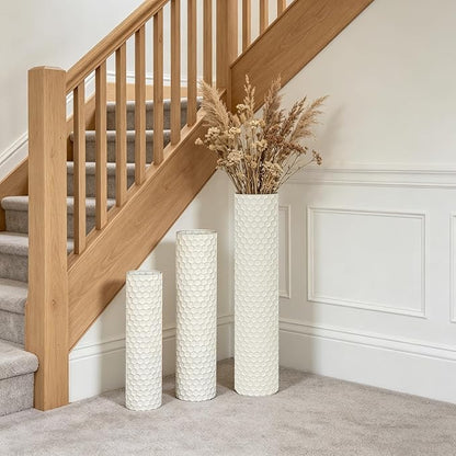 White Tall Floor Vase - Set of 3 Large Metal Decorative Vases for Living Room, 27.6in Long Modern Minimalist Big Cylinder Standing Rustic Boho Corner Decor for Farmhouse Entryway Pampas Grass