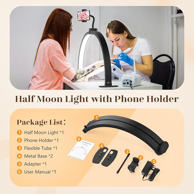 Yokilly Half Moon Light for Nail Desk: 29" Foldable Half Moon Nail Desk Lamp with Phone Holder for Beginner - Arch Tech Light with 3 Color Modes & 10 Brightness for Manicure Salon (Black, Large)