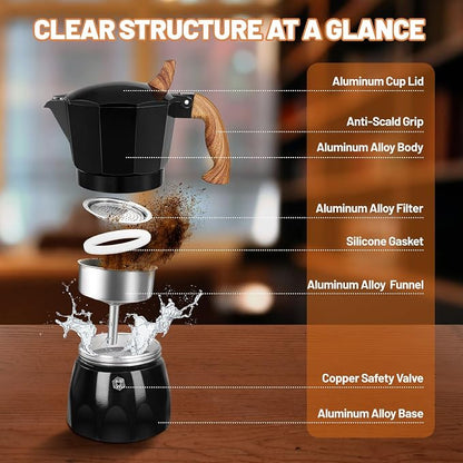 3 Cup Aluminum Espresso Stovetop Moka Pot Express Coffee Maker Percolator Italian Classic Mocha Coffee Machine for Italian and Cuban Cafe Brewing for Home & Camping 150ml 5oz