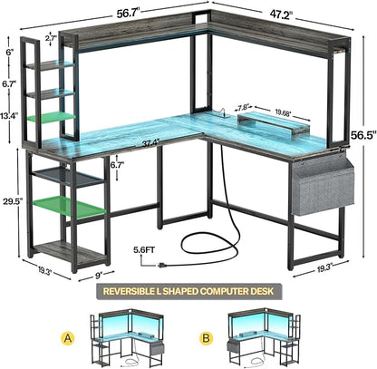 Aheaplus L Shaped Desk with Power Outlet, L Shaped Gaming Desk with Led Light & Hutch, Reversible Home Office Desk, Corner Computer Desk Writing Desk with Monitor Stand & Storage Shelves, Grey Oak