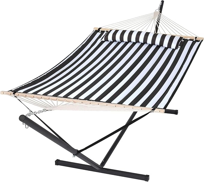 SUNCREAT Two Person Hammock with 12ft Stand Included, Max 475lbs Capacity, Heavy Duty Free Standing Hammock, Black Stripes