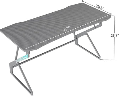 CubiCubi Simple Gaming Desk Z Shaped 47 inch Gamer Workstation, Home Computer Carbon Fiber Surface Gaming Desk PC Table with Headphone Hook, Grey
