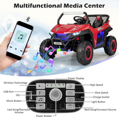 Costzon 2-Seater Ride on Car for Kids, 12V Kids' Electric Vehicles w/Remote Control, 4 Shock Absorbers, Wireless Music & FM, 3 Speeds, Ambiance Lights, Electric Car UTV for Boys Girls (Red)