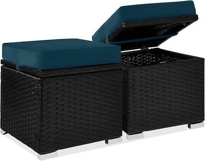 Best Choice Products Set of 2 Wicker Ottomans, Multipurpose Outdoor Furniture for Patio, Backyard, Additional Seating, Footrest, Side Table w/Storage, Removable Cushions - Peacock Blue/Black
