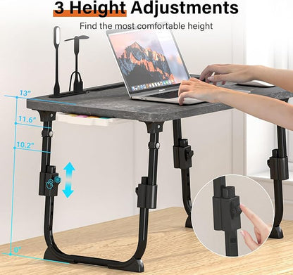 Lap Desk for Bed, Adjustable Laptop Desk with USB Charging Port, Storage Drawer & Bookshelf — Foldable Bed Desk for WFH & Students, 23.6" Desktop Fits 17" Laptop, Non-Slip, Deep Stone Texture