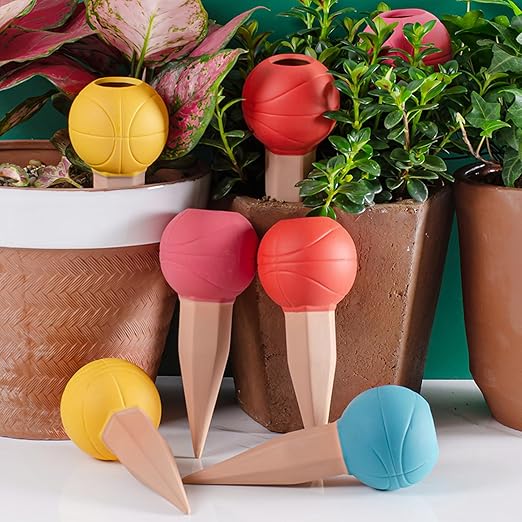 4 Pack Terracotta Watering Spikes, Vacation Self-Watering Planters Devices - Continuous Moisture with Slow Release Watering System - Perfect for Indoor Outdoor Plants (Basketball)