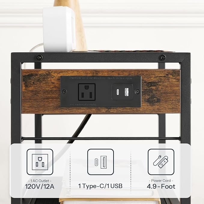 HOOBRO Industrial Printer Stand, 3-Tier Mobile Printer Table, Rolling Cart with Power Outlets and USB Ports, Home Printer Stand with 2 Hooks, for Office, Living Room, Rustic Brown BF22UPS01