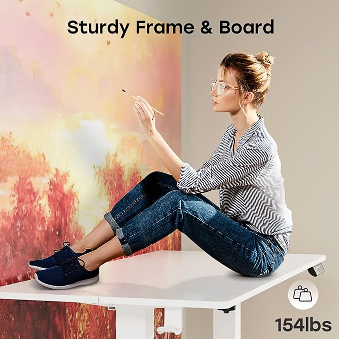 White Standing Desk, 48 X 24 Inch Adjustable Height Electric Desk, Sit Stand Desk with Splice Board and 2 Hooks, Ergonomic Rising Desk for Home Office