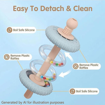 Baby Teething Toys Baby Rattle Teething Straw 3-in-1 Barbell-Shaped, Made from Silicone, Built-in Toothbrush Head and Nipple Shape, Bpa-Free, Phthalate Free, Professionally Certified, Blue