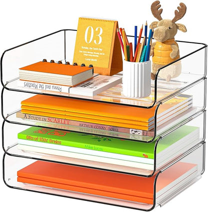 FANXIYQ 4-Tier Acrylic Paper Tray Organizer - Low-Profile Desk File Sorter for Office/Home, Clear Stackable Letter Tray for Bills, Crafts, Notebooks