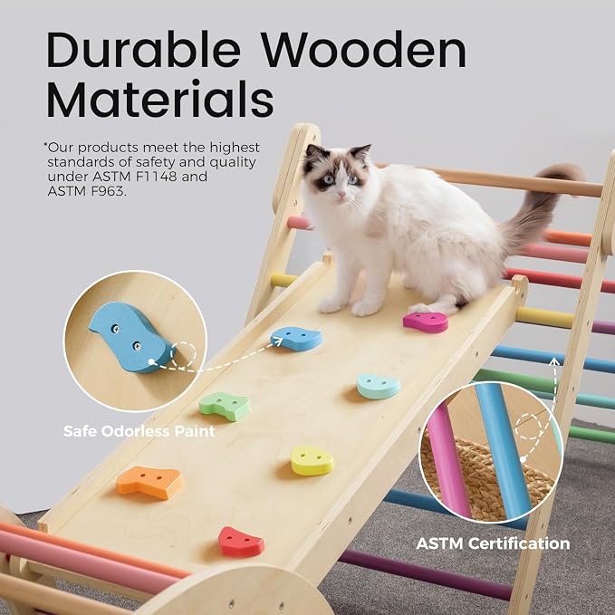 Tiny Land Pikler Triangle Set, 7-in-1 Foldable Pikler Triangle Climbing Toys Set for Kids,Baby Indoor Playground Jungle Gym, Wooden Montessori Climbing Set for Toddler (Rainbow)