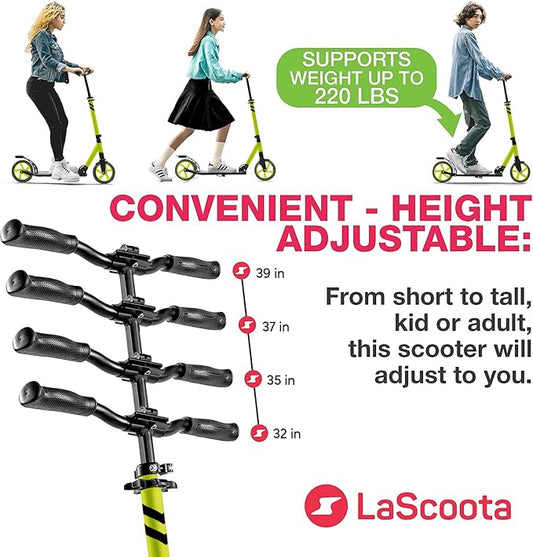 LaScoota Kick Scooter for Kids Ages 6+, Teens & Adults, Large 8" Sturdy Urethane Wheels. Adjustable Handlebar, Lightweight, Foldable, 220lbs Max Load