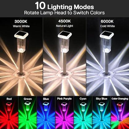 Solar Lights Outdoor 8 Pack LED Waterproof 10 Modes Pathway Outside Lights for Yard Garden Walkway Driveway Landscape Path Lighting, 3000K/4500K/6000K White & 6 Fixed Colors & Color Changing