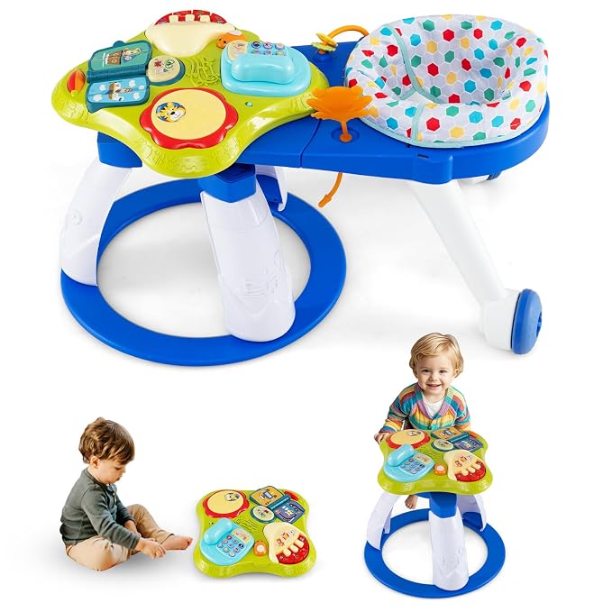 INFANS 3 in 1 Walk Around Baby Activity Center, Baby Walker with Play Table, Wheels, Detachable Seat Cushion, 3 Adjustable Heights, Learning Toys for Boys Girls Aged 6-36 Months (Blue)