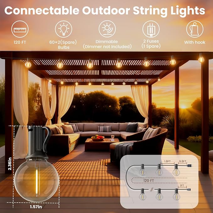 RTTY Outdoor String Lights 120 FT, LED Patio Globe Lights with 62pcs G40 Bulbs,Shatterproof Waterproof Connectable Hanging for Porch Cafe Bistro Backyard Gazebo Balcony Deck Party