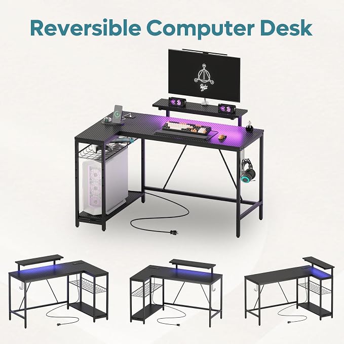 Bestier 52-Inch L-Shaped Gaming Desk with Charging & LED, Black | Charging 3AC+2USB, RGB LED 20 Colors/22 Modes, Reversible Shelves, Carbon Fiber Texture, Headphone Hook, 52 in
