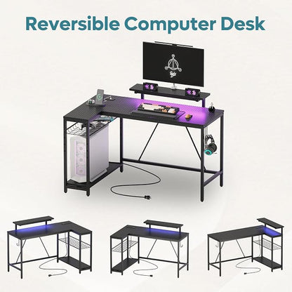 Bestier 52-Inch L-Shaped Gaming Desk with Charging & LED, Black | Charging 3AC+2USB, RGB LED 20 Colors/22 Modes, Reversible Shelves, Carbon Fiber Texture, Headphone Hook, 52 in