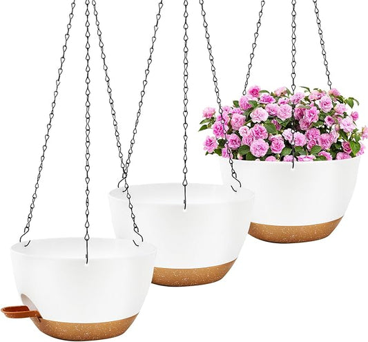 10 inch Hanging Planters for Indoor Plants, 3 Pack Self-Watering Hanging Planter Pots with Chain and Drainage Holes, Outdoor Hanging Baskets for Garden Home Decor (White With Brown, 3pcs/10inch)