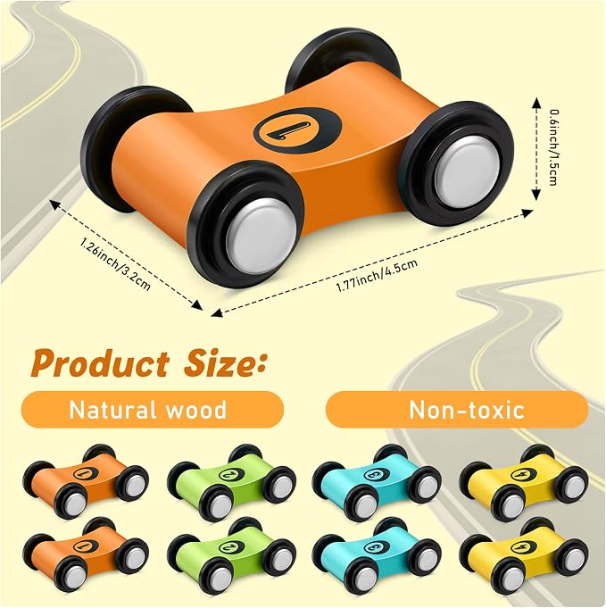 Sotiff 8 Pieces Wooden Mini Car Wood Race Car Track Ramp Replacement Toy Vehicle Play Sets for Toddlers Party Gift