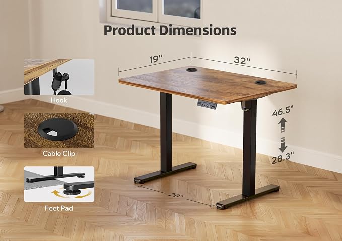 YDN 32 x 19 Inch Rustic Brown Electric Standing Desk | Adjustable Height, Sit Stand, Cable Management, Ergonomic, Home Office