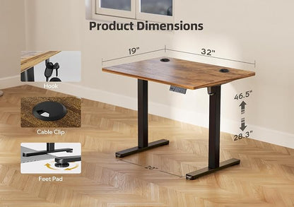 YDN 32 x 19 Inch Rustic Brown Electric Standing Desk | Adjustable Height, Sit Stand, Cable Management, Ergonomic, Home Office