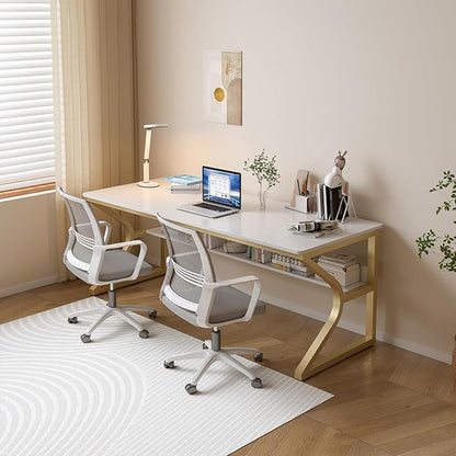 OSCHF 63-Inch Extra Long Desk with Storage Shelf, Gold | Double Long Writing Table, Space-saving, 2-Person Workstation, Modern Study Work Computer Desk, For Home Office