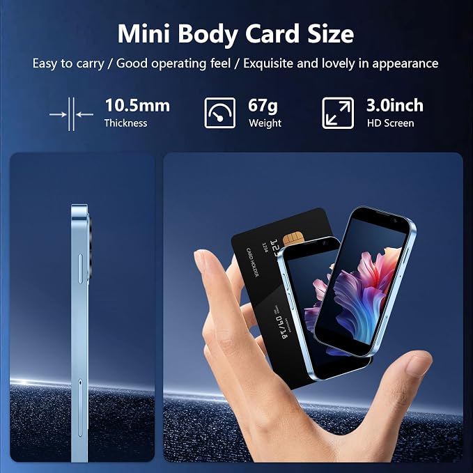 Mini Phone 3.0" HD Touch Screen Mini Smartphone World's Smallest Unlocked Android Compact Mobile Phone for Kids & Students Cell Phone wih GPS Dual SIM Face ID 2GB+16GB Black