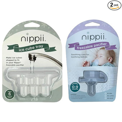 Nippii Freezable Pacifier & Ice Cube Tray, Baby Teether Toys 0-9 Months | Hands-Free, Medical-Grade Silicone, Water-Fillable, Cold. Includes Ice Cube Tray. Made in USA, CPSC Compliant, BPA Free
