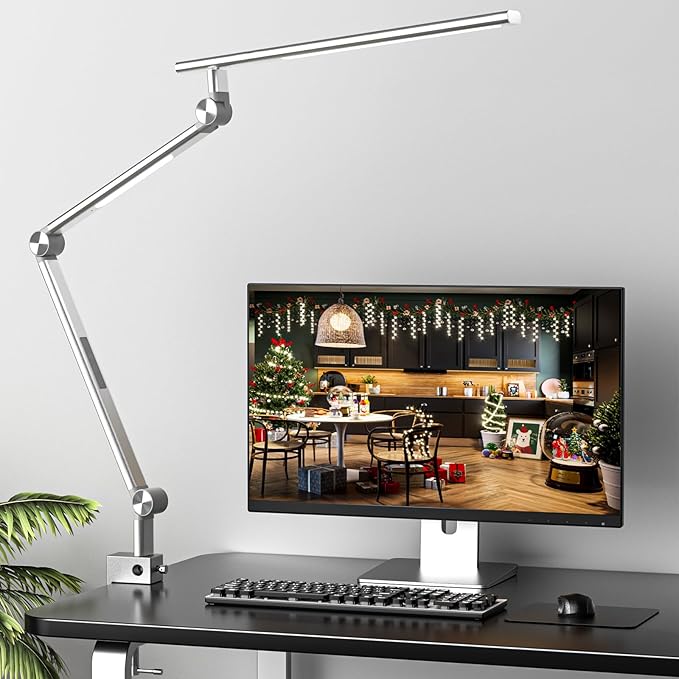 LED Desk Lamp, Desk Light for Home Office, Dual Light Source 18W Brightest, Eye-Caring Optical Lens, Task Lamp, 5 Color Modes & Brightness, Aluminum Alloy Clip on Lamp, Clamp Lamp, Silver
