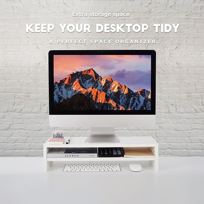 BEYGORM Monitor Stand Riser White, 21.6 inch 2 Tiers Wood Desk Shelf Computer Screen Stand with Storage for Desktop Laptop/Screen/TV/PC/Printer, Desk Shelf Organizer 21.6" L x 7.8" W x 5.2" H | For Full Keyboard, Computer Screen Stand with Storage for ...