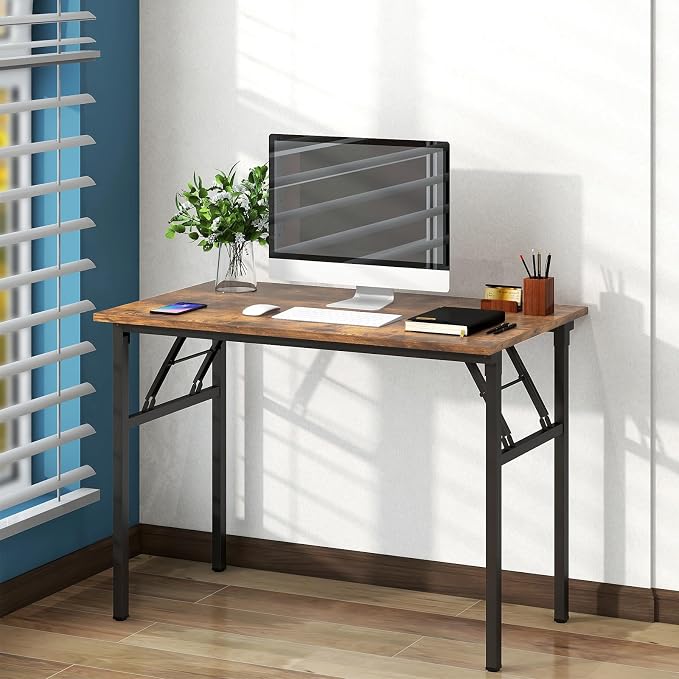 Need Office Computer Desk 39.3 Inch Sturdy Folding Laptop Table Retro | Black Frame Writing Gaming Work Table/Foldable Home Office Desk/Sewing Table, No Assembly Required