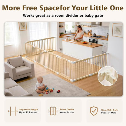 Baby Playpen, 56 * 56 * 24 inches Wooden Play Yard with Gate, Playpen for Babies and Toddlers, Baby Activity Center with Child-Proof Lock, Fence Play Area for Toddlers 6 to 36 Months