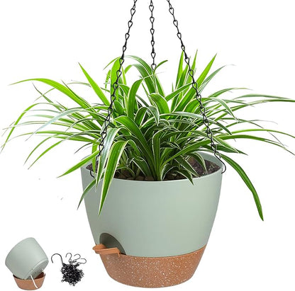 Hanging Planters for Indoor Outdoor Plants, 1 Set Self Watering Hanging Pot with Drainage Holes & Removable Tray (Green-12inch, 12'')