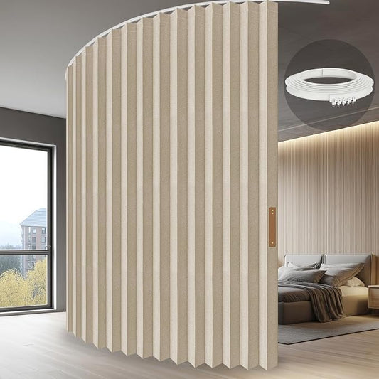 ILRON Accordion Folding Room Partition with Ceiling Track - Retractable Room Divider Curtain, Effortless Setup(Beige 100" W x 96" L-Pack of 1)