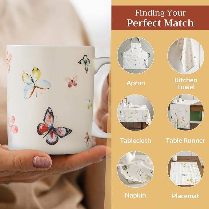 Maison d' Hermine Coffee Mug with Handles Tea Cups (15 Ounce, Pack of 1) | Fine Bone China Coffee Mugs for Hot Beverages Cappuccino Latte Home Restaurant Spring Summer -Botanical Fresh - Butterflies