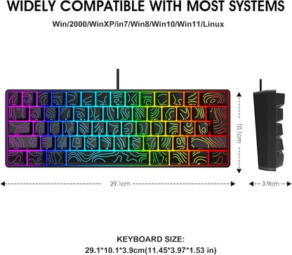 Snpurdiri 60% Wired Gaming Keyboard 61 Keys RGB (Contour Line-Black) | Backlit Small Gaming Keyboard Ultra-Compact for PC/Mac Gamer, Typist, Travel, Easy to Carry on Business Trip