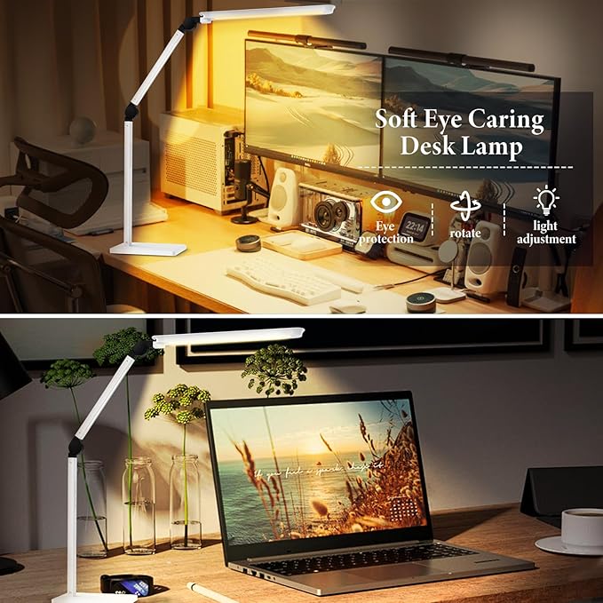 LED Desk Lamp with USB Charging Ports,Creative Touch Reading Light, with Memory Dual Light and Adjustable Swing Arm,15W 4 CCT Eye-Care Modes & 4 Brightness Levels Table Lamp for Home Office-White