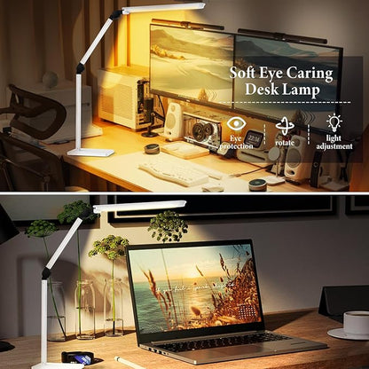 LED Desk Lamp with USB Charging Ports,Creative Touch Reading Light, with Memory Dual Light and Adjustable Swing Arm,15W 4 CCT Eye-Care Modes & 4 Brightness Levels Table Lamp for Home Office-White