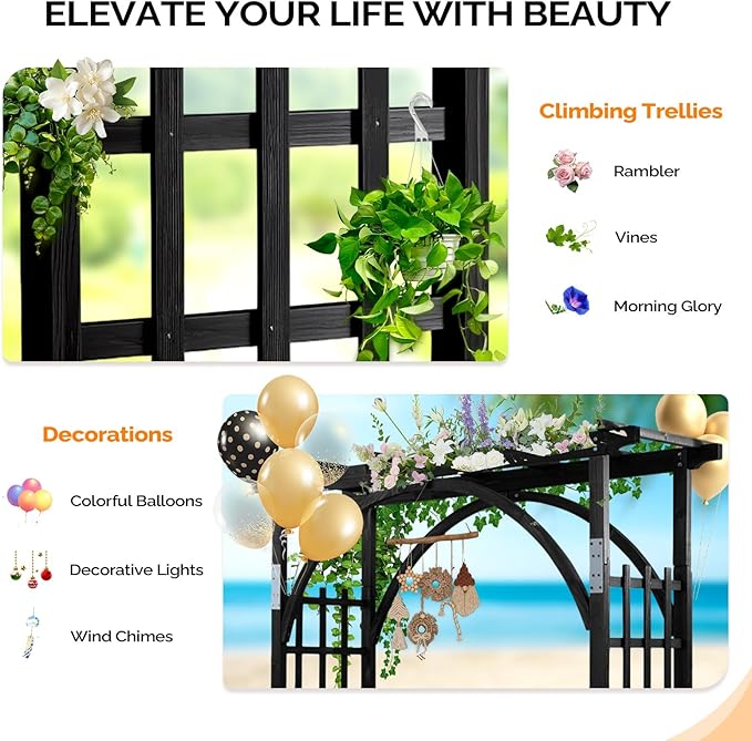 VINGLI 85in Wooden Arbor, Wedding Arch for Ceremony, Wood Trellis for Plant Climbing, Christmas Decor Pergola for Garden Backyard, Lawn (Black)