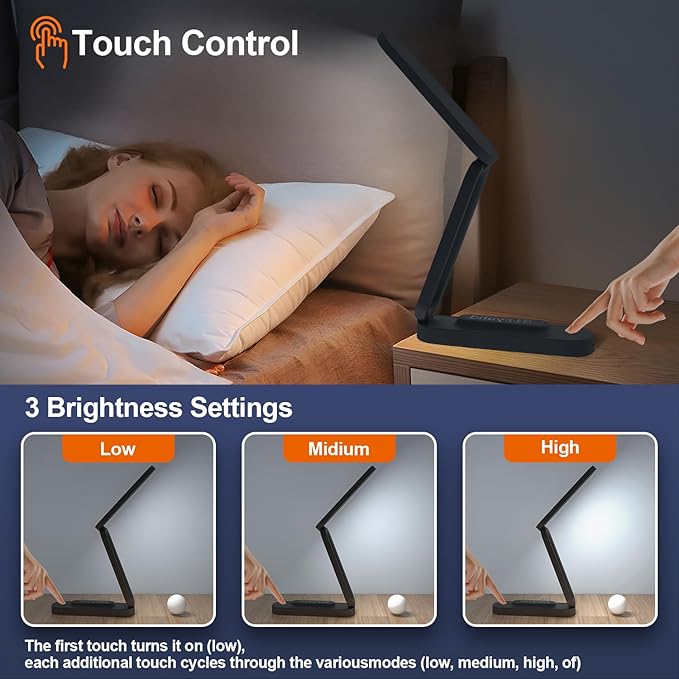 LED Desk Lamp for Office Home & Battery Operated Lamp Rechargeable Lamp Foldable & Portable Light, LED Desk Light Strip, 3 Brightness Dimmable Small Desk Lamp Reading Lamp (Black (2PACK))